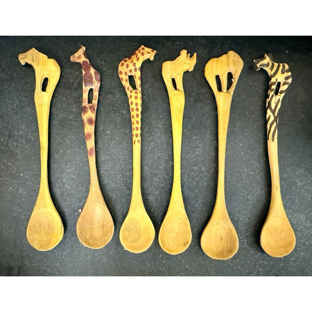 Vintage African Hand Carved Wooden Safari Animal Spoons Set of 6 Folk Art